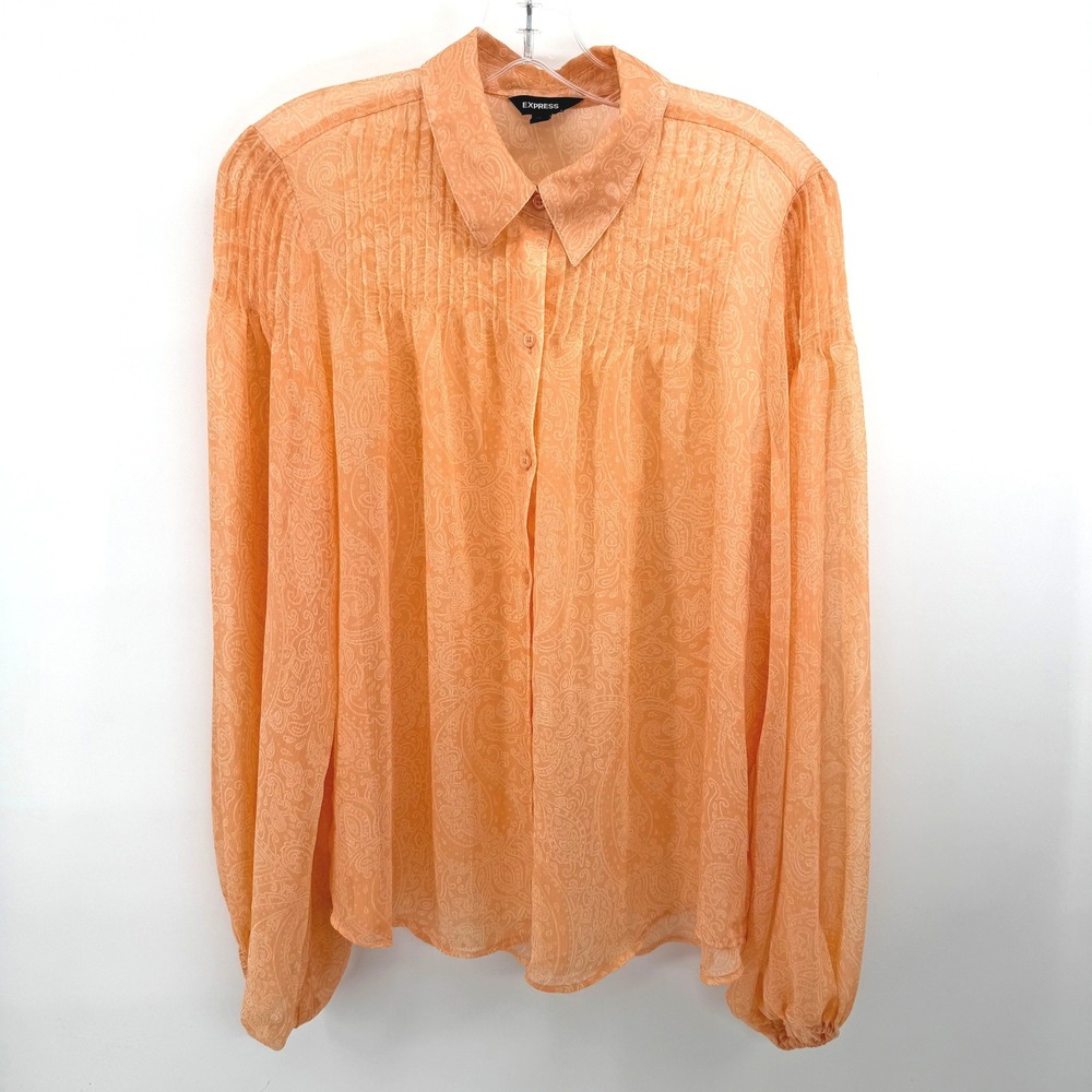 Express Button Down Top Women Large Orange Paisley Pleated Sheer Chiffon Blouse